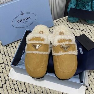 Prada Women's Camel Shearling Mules